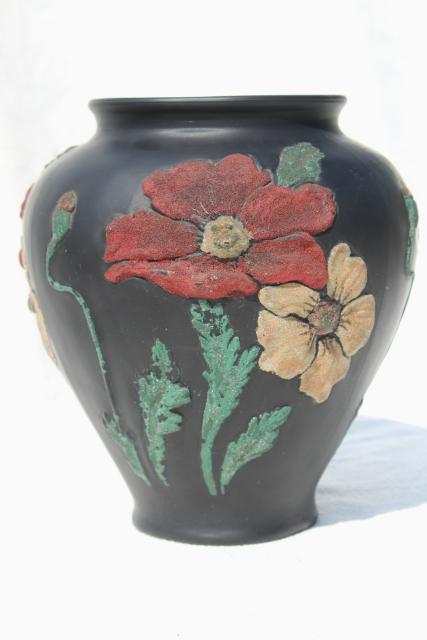 photo of art deco vintage Tiffin glass vase, black satin puffy glass w/ coralene poppies floral #1