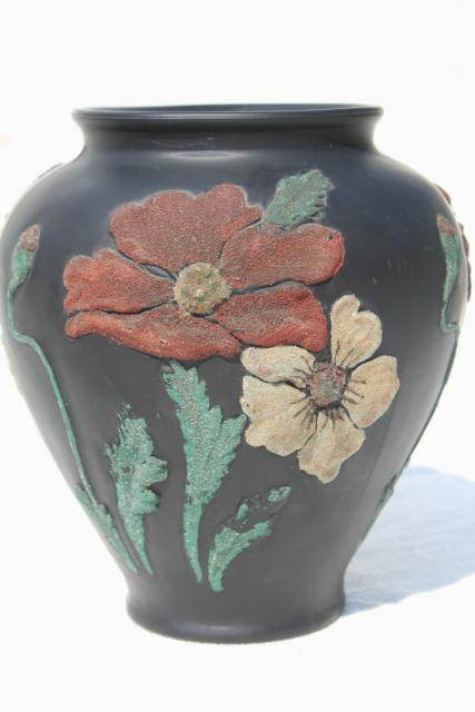 photo of art deco vintage Tiffin glass vase, black satin puffy glass w/ coralene poppies floral #3