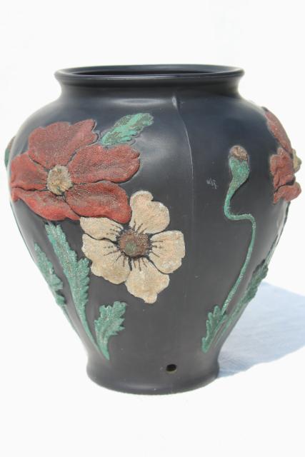 photo of art deco vintage Tiffin glass vase, black satin puffy glass w/ coralene poppies floral #4