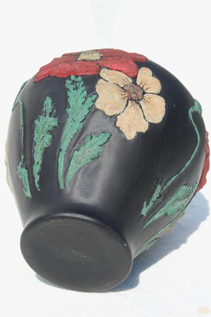 photo of art deco vintage Tiffin glass vase, black satin puffy glass w/ coralene poppies floral #6