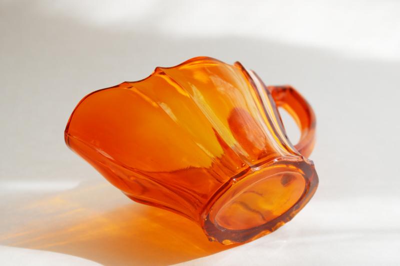 photo of art deco vintage West Virginia glass, flame orange colored glass cream pitcher #2