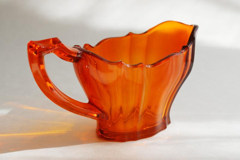 photo of art deco vintage West Virginia glass, flame orange colored glass cream pitcher #4
