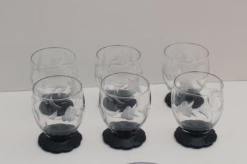 catalog photo of art deco vintage Weston lily pad footed glasses, ebony black glass w/ wheel cut crystal 