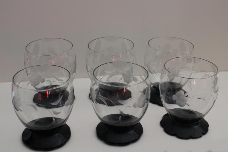 photo of art deco vintage Weston lily pad footed glasses, ebony black glass w/ wheel cut crystal  #1