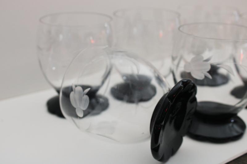 photo of art deco vintage Weston lily pad footed glasses, ebony black glass w/ wheel cut crystal  #3