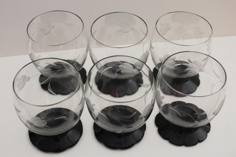 photo of art deco vintage Weston lily pad footed glasses, ebony black glass w/ wheel cut crystal  #5