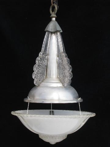 photo of art deco vintage aluminum & glass pendant light, antique electric hanging lamp #1