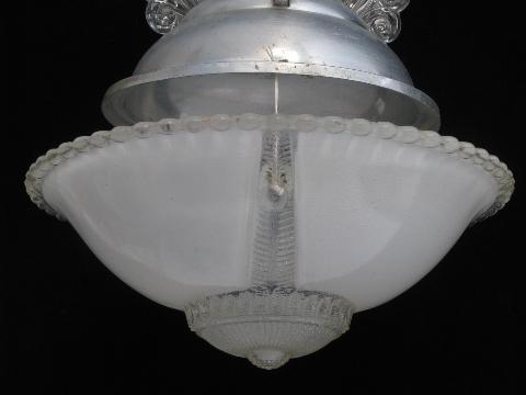 photo of art deco vintage aluminum & glass pendant light, antique electric hanging lamp #3