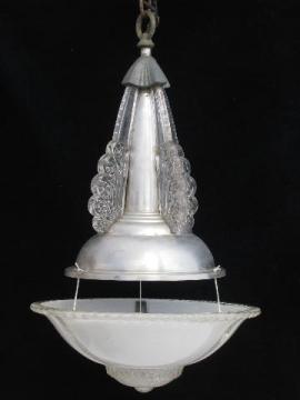 catalog photo of art deco vintage aluminum & glass pendant light, antique electric hanging lamp