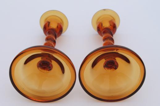 photo of art deco vintage amber glass candle holders, tall barley twist candlesticks #4