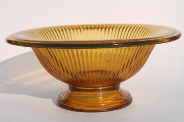 catalog photo of art deco vintage amber glass centerpiece bowl, heavy ribbed glass center footed shape