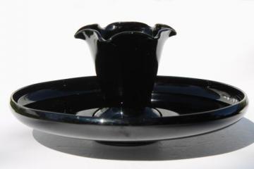 catalog photo of art deco vintage black glass centerpiece vase & shallow flower bowl