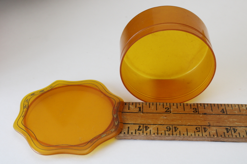 photo of art deco vintage butterscotch celluloid powder puff box, vintage vanity box  #4