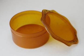 catalog photo of art deco vintage butterscotch celluloid powder puff box, vintage vanity box 