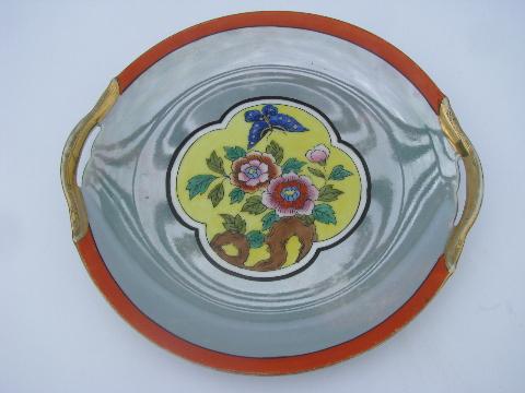 photo of art deco vintage cake plate w/ handles, antique hand-painted Noritake china #1