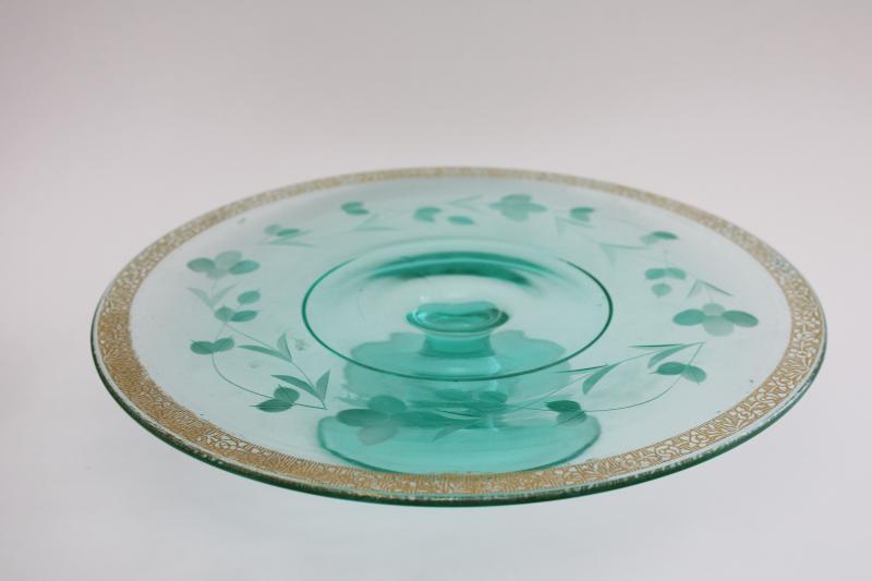 photo of art deco vintage cake stand, teal green depression glass Tiffin etch encrusted gold #1