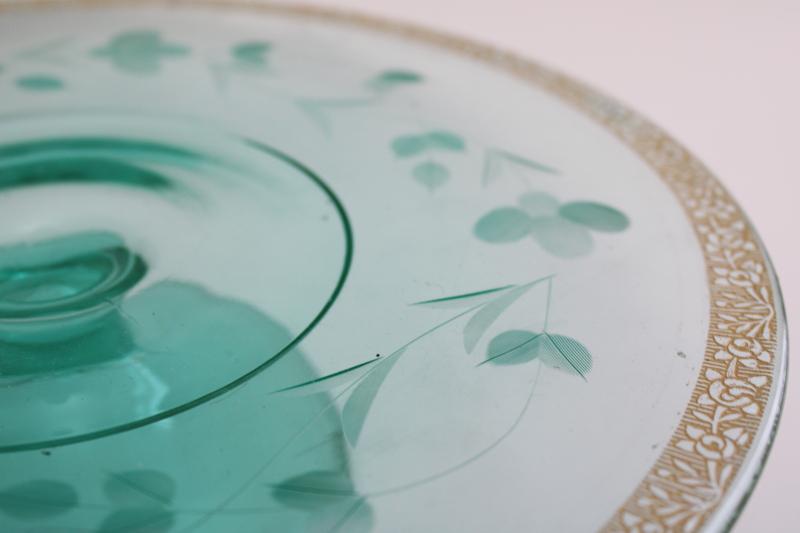 photo of art deco vintage cake stand, teal green depression glass Tiffin etch encrusted gold #2