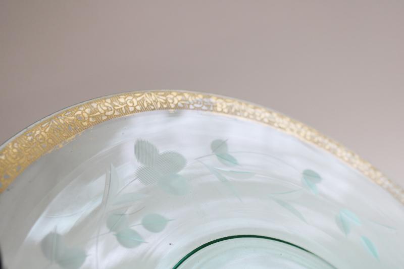 photo of art deco vintage cake stand, teal green depression glass Tiffin etch encrusted gold #3