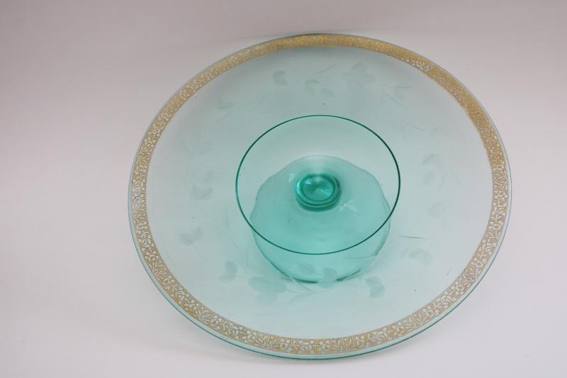 photo of art deco vintage cake stand, teal green depression glass Tiffin etch encrusted gold #4