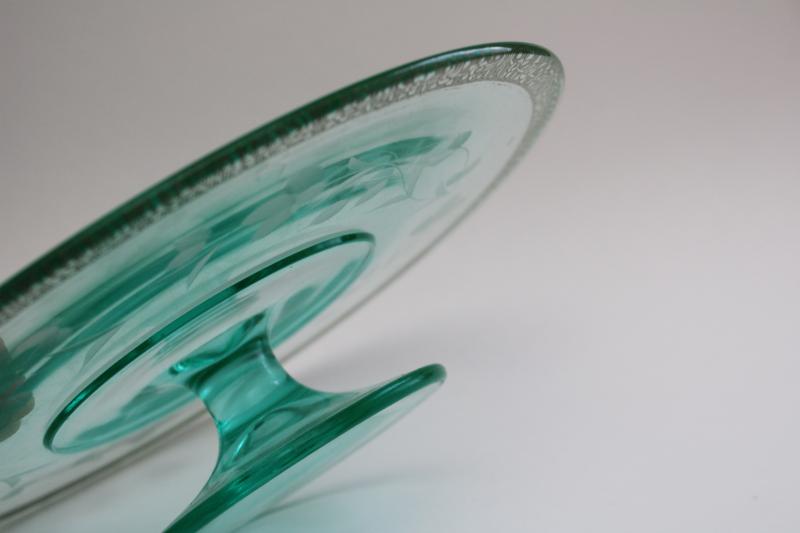 photo of art deco vintage cake stand, teal green depression glass Tiffin etch encrusted gold #5