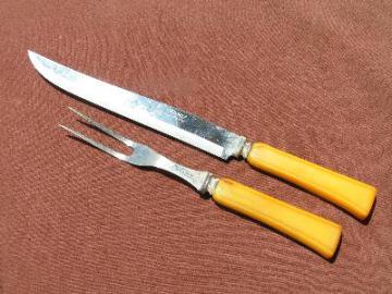 catalog photo of art deco vintage carving knife set, yellow bakelite handles