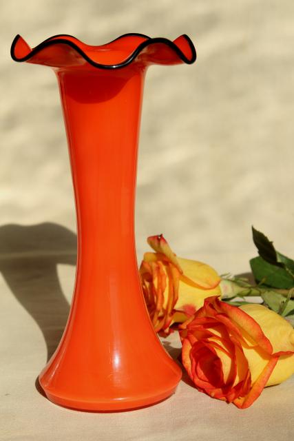 photo of art deco vintage cased glass art glass vase, tangerine orange & black #2