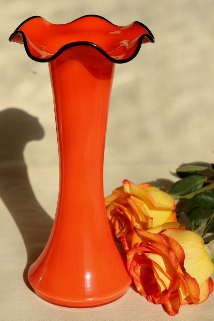 photo of art deco vintage cased glass art glass vase, tangerine orange & black #3