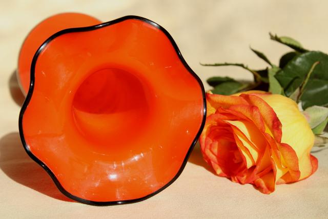 photo of art deco vintage cased glass art glass vase, tangerine orange & black #5