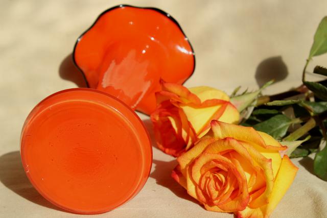 photo of art deco vintage cased glass art glass vase, tangerine orange & black #6