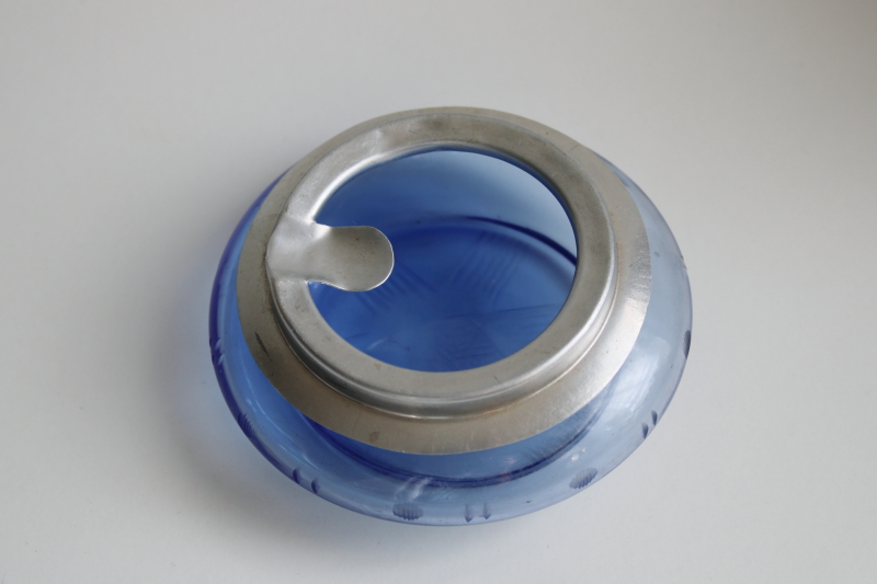 photo of art deco vintage cobalt blue depression glass ashtray, etched glass w/ aluminum trim #1
