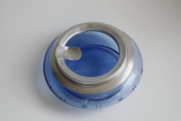 catalog photo of art deco vintage cobalt blue depression glass ashtray, etched glass w/ aluminum trim
