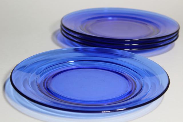 photo of art deco vintage cobalt blue glass salad plates, Moderntone Hazel Atlas depression glass #3