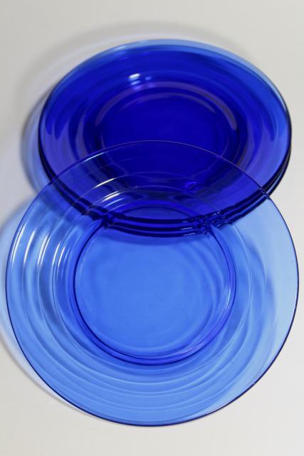 photo of art deco vintage cobalt blue glass salad plates, Moderntone Hazel Atlas depression glass #4