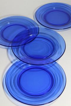 catalog photo of art deco vintage cobalt blue glass salad plates, Moderntone Hazel Atlas depression glass