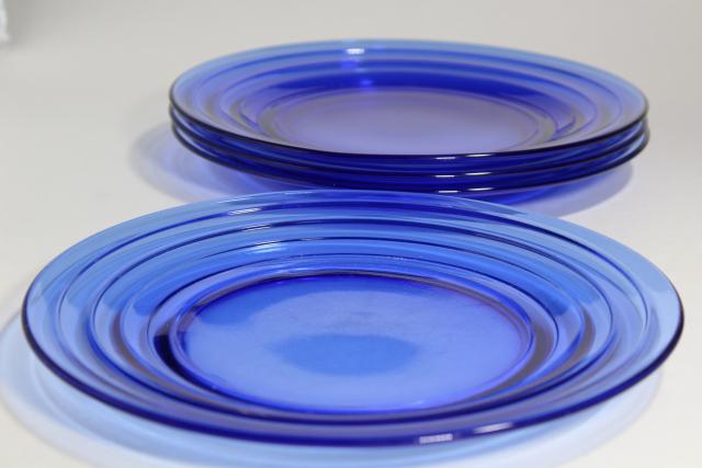 photo of art deco vintage cobalt blue glass salad plates, Moderntone Hazel Atlas depression glass #3