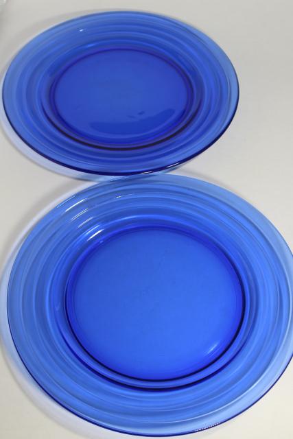photo of art deco vintage cobalt blue glass serving plates, Moderntone Hazel Atlas depression glass #1