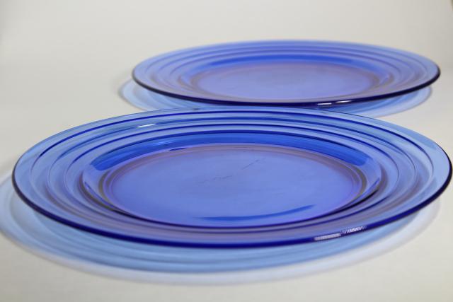 photo of art deco vintage cobalt blue glass serving plates, Moderntone Hazel Atlas depression glass #2