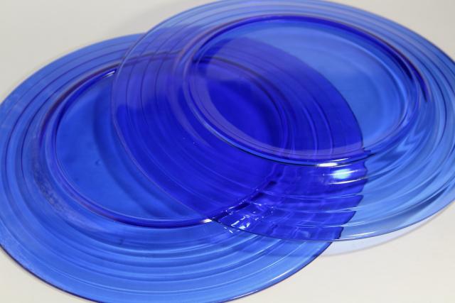 photo of art deco vintage cobalt blue glass serving plates, Moderntone Hazel Atlas depression glass #5