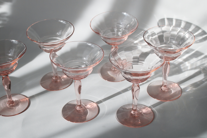 photo of art deco vintage cocktail glasses, blush pink depression glass banded optic pattern  #6