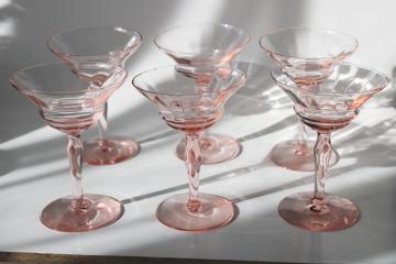 catalog photo of art deco vintage cocktail glasses, blush pink depression glass banded optic pattern 