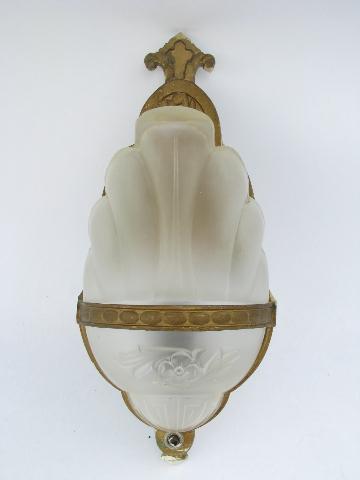 photo of art deco vintage early electric wall sconce lamp, antique glass slip shade light #1