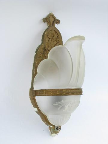 photo of art deco vintage early electric wall sconce lamp, antique glass slip shade light #2