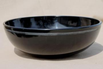 catalog photo of art deco vintage ebony black glass bowl, jet black flower bowl with tarnished silver