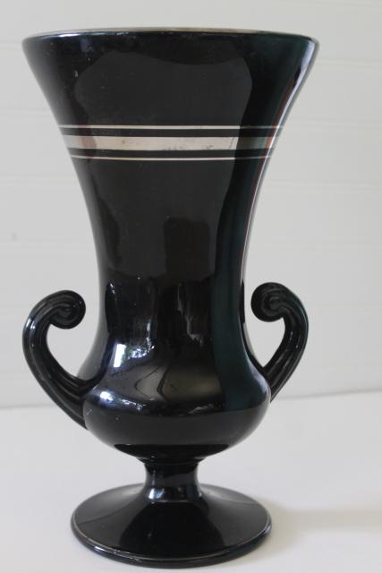 photo of art deco vintage ebony black glass trophy vase, double handled urn w/ silver #1