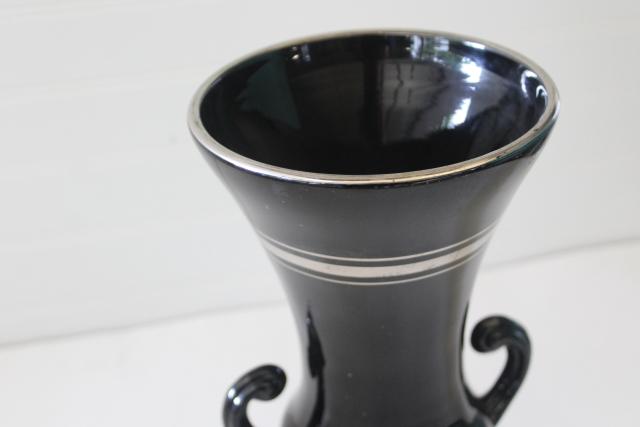 photo of art deco vintage ebony black glass trophy vase, double handled urn w/ silver #2