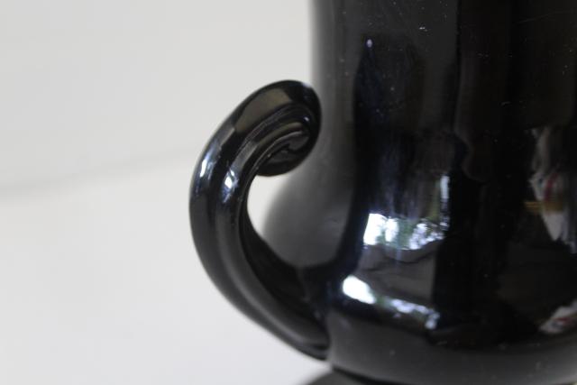 photo of art deco vintage ebony black glass trophy vase, double handled urn w/ silver #3