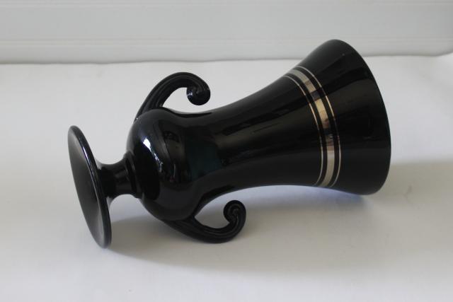 photo of art deco vintage ebony black glass trophy vase, double handled urn w/ silver #4