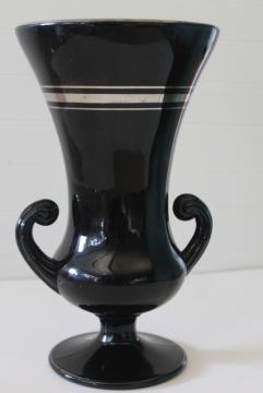 catalog photo of art deco vintage ebony black glass trophy vase, double handled urn w/ silver