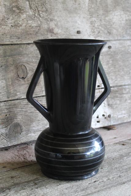 photo of art deco vintage ebony black glass trophy vase, double handled urn w/ silver #2