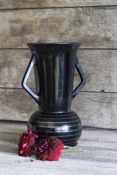 catalog photo of art deco vintage ebony black glass trophy vase, double handled urn w/ silver